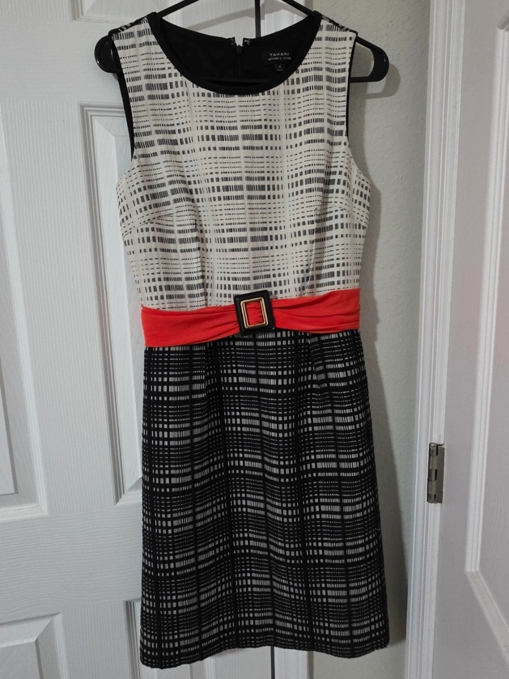 Tahari ASL Black & White Plaid Fit-and-Flare Dress with Coral Belt Accent